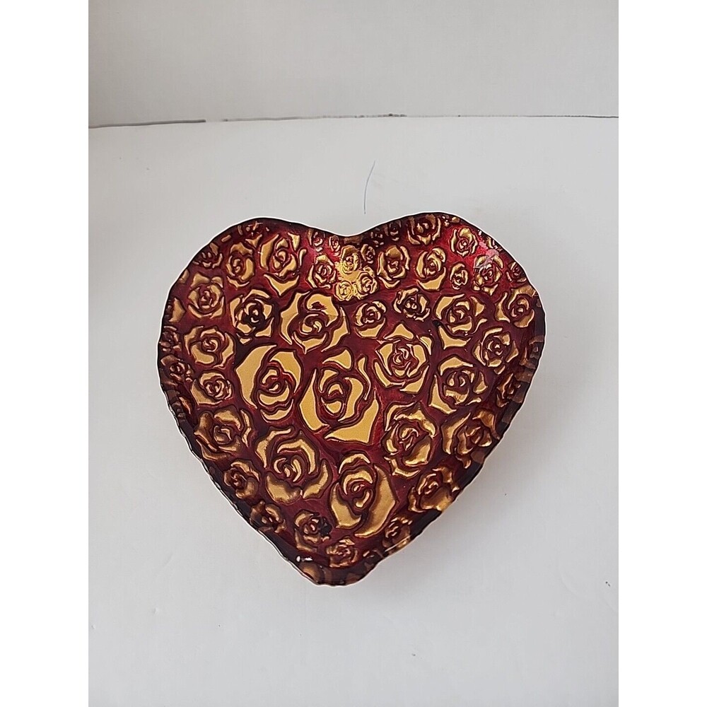 Arda Glassware Art Heart Shaped Red & Gold Rose Design Trinket Candy Snack Dish